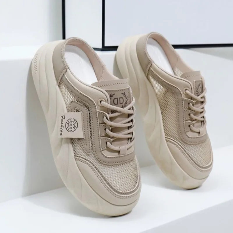 Women’s Mesh Half-Back Shoes 2024 – Thick-Soled, Round Toe Casual Sneakers, Spring Fashion Niche Footwear