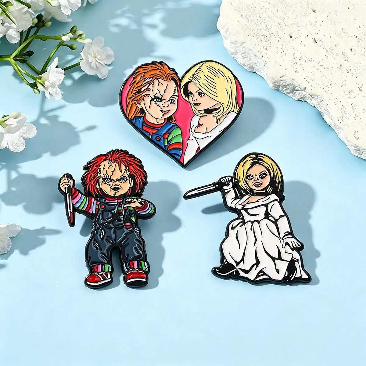 3-Piece Chucky & Tiffany Horror Enamel Pin Set - Metal Lapel Brooches for Backpacks, Cosplay Costumes & Halloween Gifts