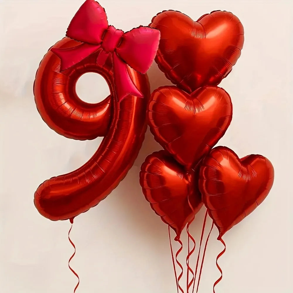 Red Heart Foil Balloons Set - 6PCS Birthday Wedding Anniversary Decoration with 32 Inch Numbers & Tassel Bows