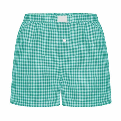 Women’s Teen Girls Elastic Waist Pull-On Red & Blue Plaid Casual Lounge Summer Shorts