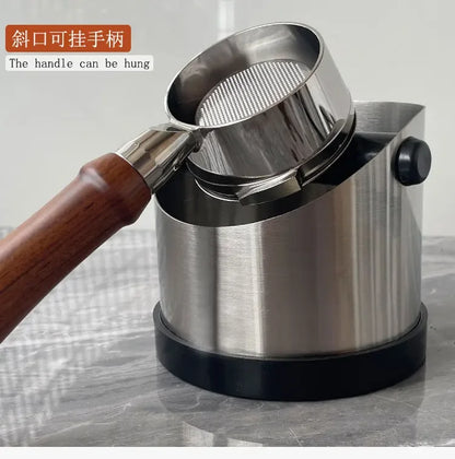 Stainless Steel Coffee Knock Box – Non-Slip Espresso Ground Bin with Rubber Ring and Beveled Design