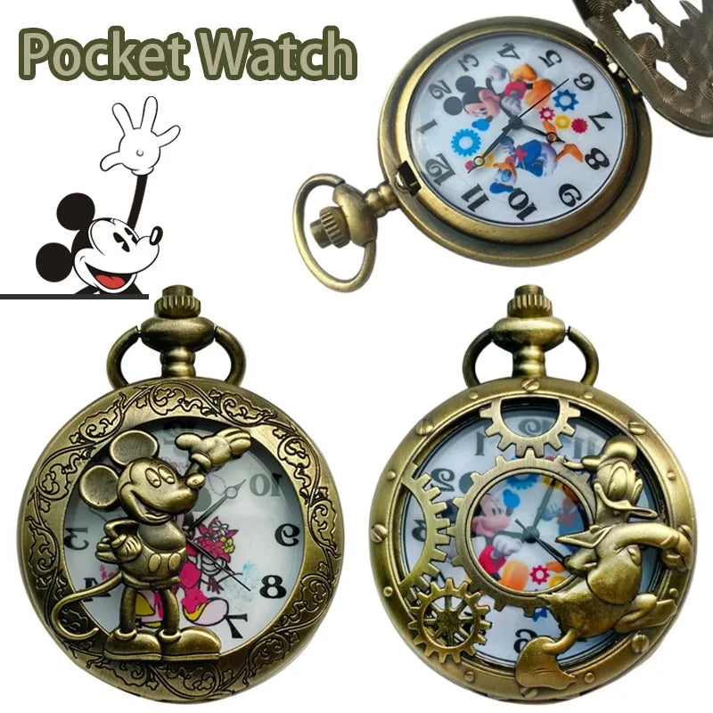 Disney Mickey Mouse Pocket Watch – Vintage Cartoon Quartz Clock with Roman Numerals & Chain Pendant Necklace for Men & Women