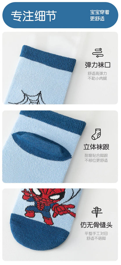 5 Pairs Spiderman Cotton Socks for Kids – Iron Man, Hulk, Thor Anime Boys Short Socks, Cartoon Baby Spring & Summer Footwear