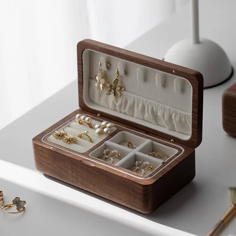 Double Layer Wooden Jewelry Box – Necklace, Bracelet & Earring Organizer in Black Walnut, Perfect Wedding Gift