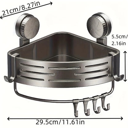 Space-Saving Suction Cup Bathroom Shelf — No-Drill Triangular Rack with Hooks for Shower & Toilet Storage