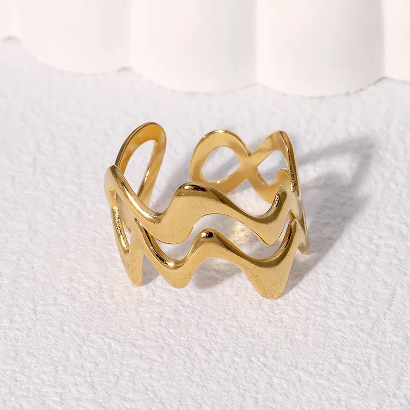 Stainless Steel Irregular Wave Adjustable Ring – Creative Gold Statement Jewelry for Women & Men