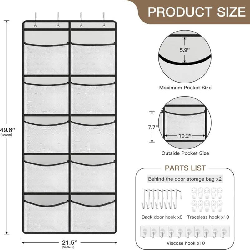 Over the Door Organizer – Grey Hanging Storage with 5 Large Pockets & Shelves