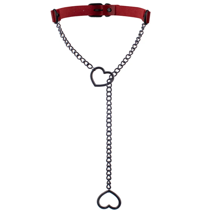 Heart Slip Chain Necklace – Black Leather Gothic Choker for Women, Punk & Goth Jewelry
