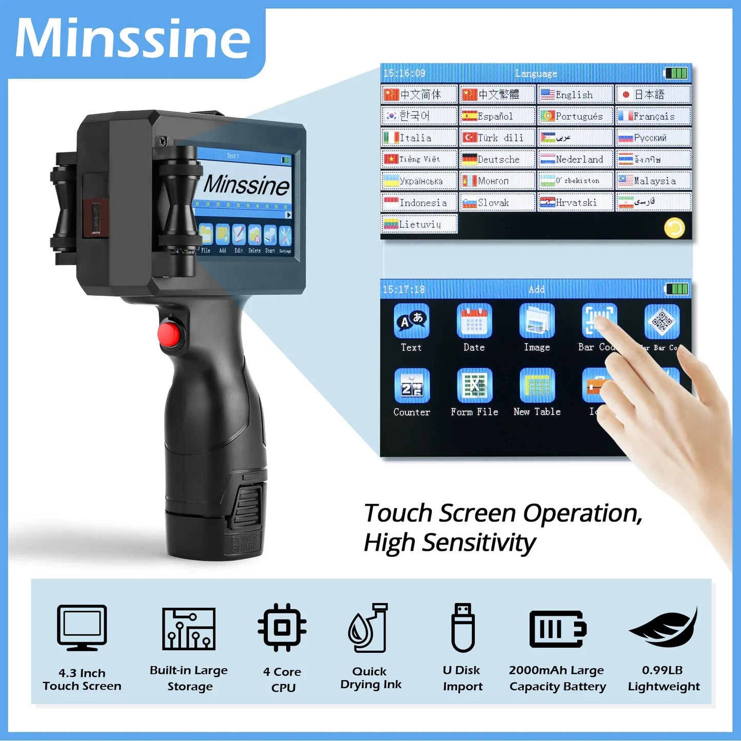 12.7/25.4mm Handheld Inkjet Printer – QR Code, Barcode, Batch, Date, Logo & Expiry Date Coding Machine with 25 Language Support, Portable Marking Tool