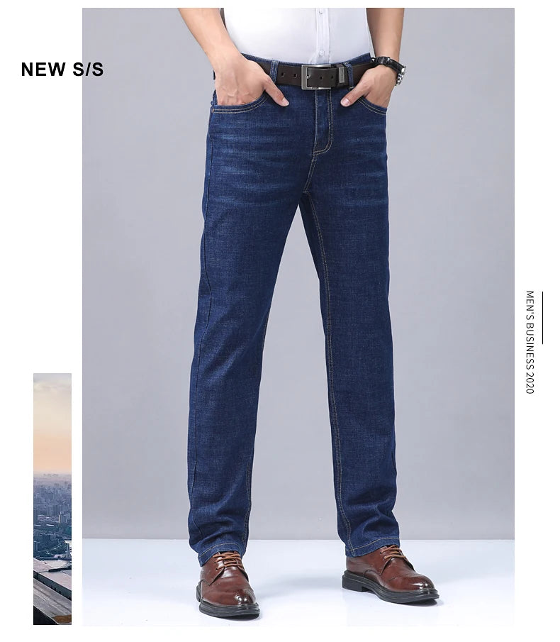 Men’s Casual Comfortable Jeans – Straight Loose Fit High Waist Elastic Trousers for All Seasons & Office Wear