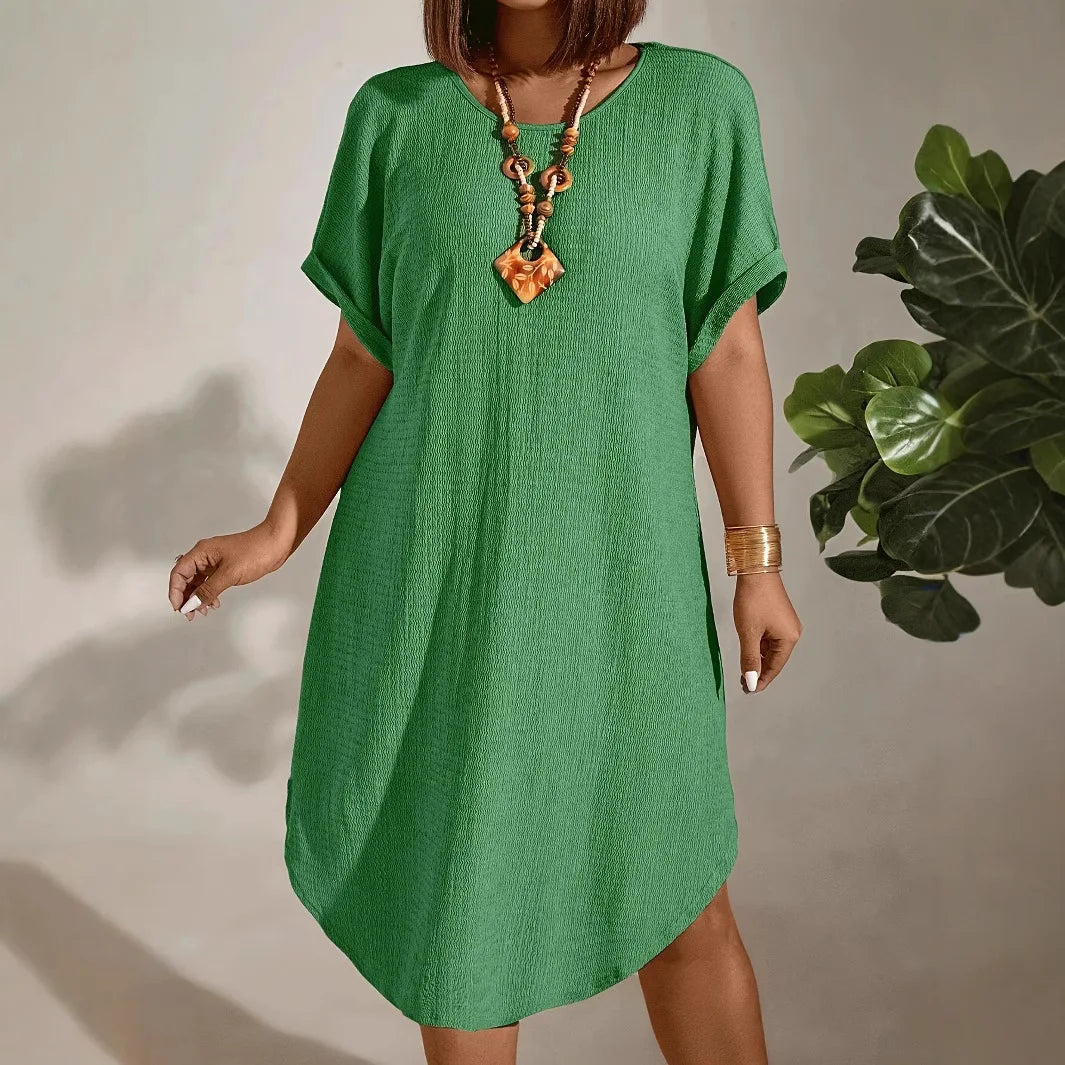 Plus Size Women’s Summer Short Sleeve Dress – 2025 Solid Color Casual European & American Style Outfit