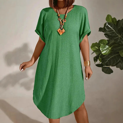 Plus Size Women’s Summer Short Sleeve Dress – 2025 Solid Color Casual European & American Style Outfit