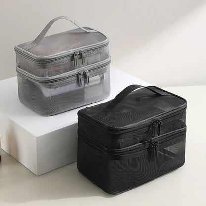 Travel 2-Layer Cosmetic Organizer Bag – Transparent Folding Mesh Zipper Pouch, Large Capacity Makeup & Wash Kit Bag 2024