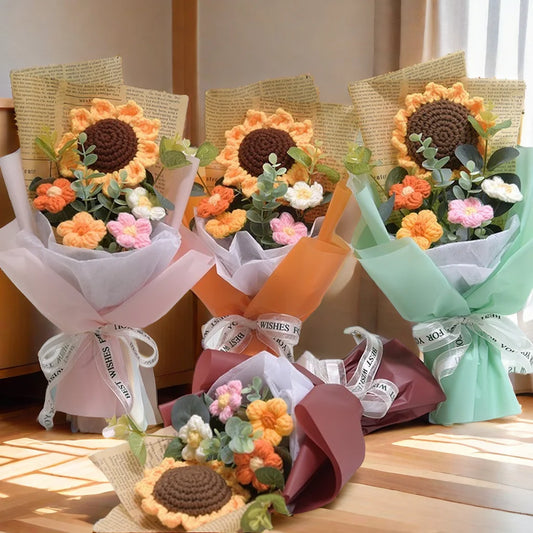 Efun Handmade Crochet Flower Bouquet — Sunflower & Daisy Arrangement for Valentine’s, Wedding, Anniversary, Mother’s Day & Birthday Gift