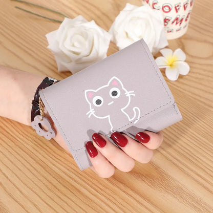 Women’s Cute Cat PU Leather Wallet — Small Short Card Holder Purse with Hasp, Fashion Money Bag for Girls & Gifts
