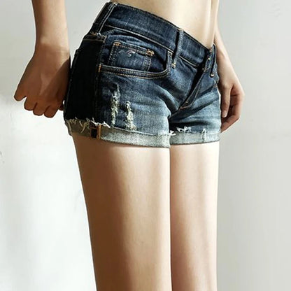 Summer Women’s Korean Style Denim Shorts – Low Waist Elastic Slim Fit Deep Blue Hot Pants
