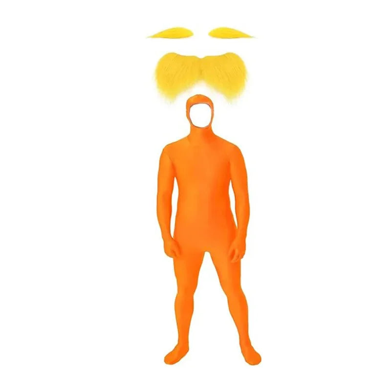 Halloween Orange Jumpsuit Costume - Funny Moustache & Eyebrow Masquerade Outfit for Kids & Adults