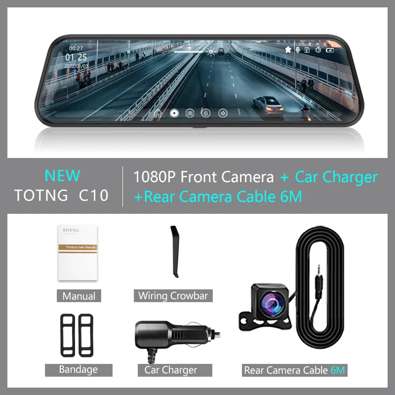 10-Inch Mirror Camera for Car – Touch Screen Video Recorder, Front & Rear Dash Cam, Rearview Mirror DVR Black Box