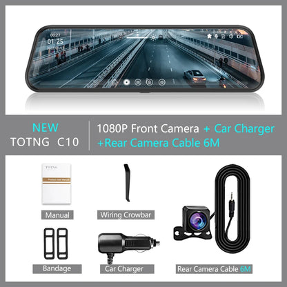 10-Inch Mirror Camera for Car – Touch Screen Video Recorder, Front & Rear Dash Cam, Rearview Mirror DVR Black Box