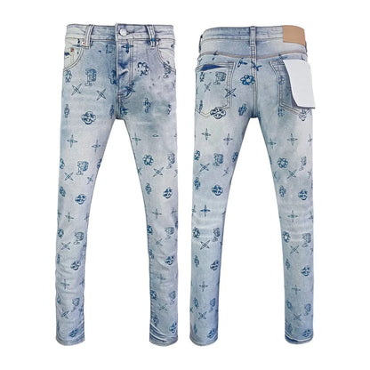 Men's Graffiti Washed Jeans - Retro Distressed Low Rise Skinny Denim Pants