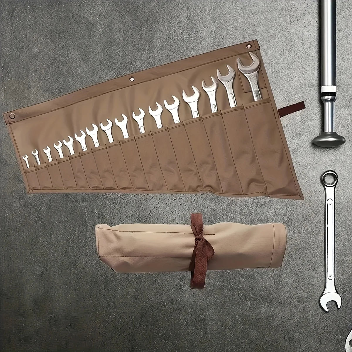 Brown Universal Canvas Tool Bag – Wrench & Hardware Storage Roll Bag for Maintenance, 1-Piece