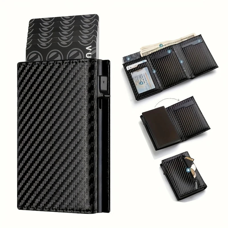 Men’s Minimalist RFID Wallet — Zipper Coin Purse & Pop-Up Metal Card Holder