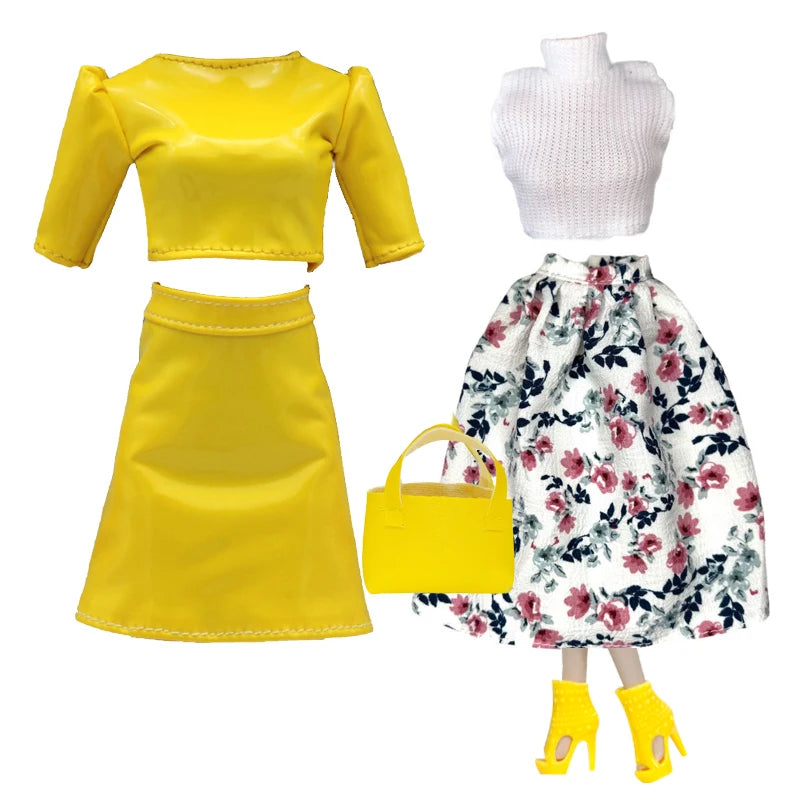 Elegant 1/6 Doll Outfit – Pink Houndstooth Dress, Hat, Gold Belt, Handbag & Shoes Set