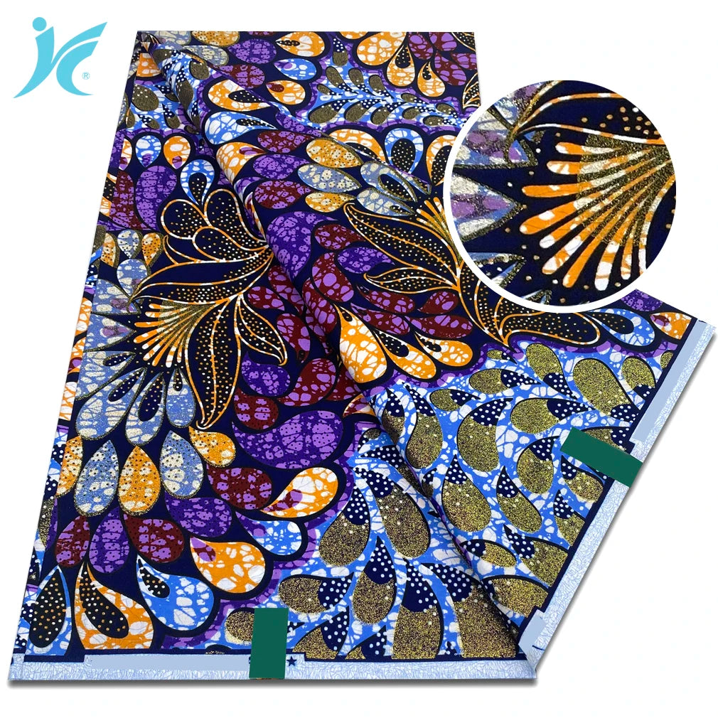 African Golden Glitter Wax Fabric - Soft Ankara Pagne Batik Gold Print Material for Women