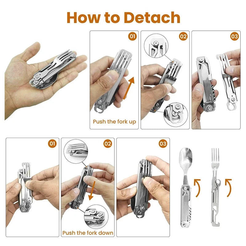 Folding Camping Cutlery Set – Multi-Function Portable Knife, Spoon, Fork, Bottle & Can Opener for Picnic & Outdoor Equipment