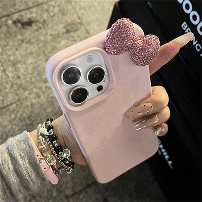 Luxury Rhinestone Bow Litchi-Texture Leather Shockproof Soft Case — Fits iPhone 17 Pro Max/16/15/14/13/12/11/X/XS/7 Plus