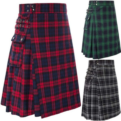 Men's Tartan Kilt Skirt – Traditional Highland Utility Kilt with Pockets, Gothic Punk Vintage Style