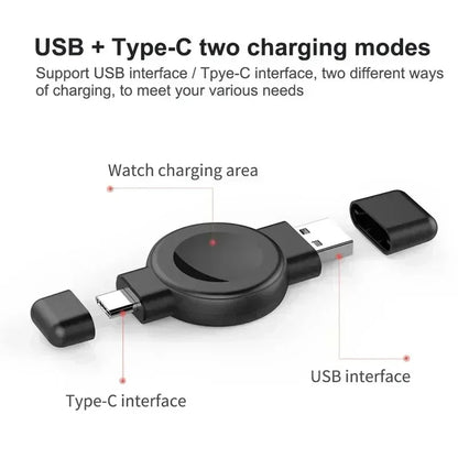 Magnetic Wireless Watch Charger USB-C — Fast Charging for Apple Watch 9/8/7/6/5/4/SE & Samsung Galaxy Watch 7/6/5/4 Active 1/2