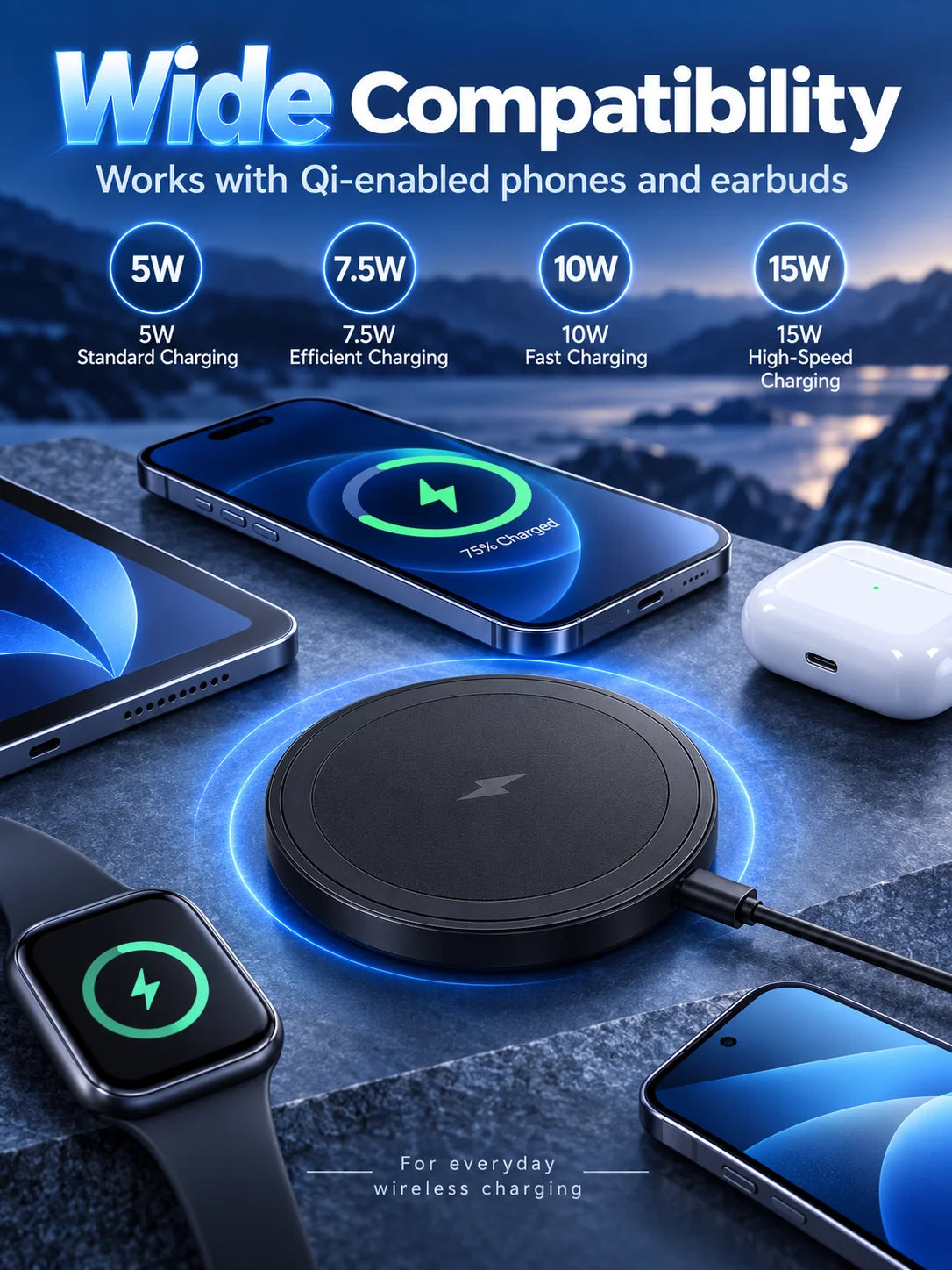 15W Magnetic Wireless Charger with Stand - Foldable Fast-Charging Dock for Smartphones and Wireless Earbuds
