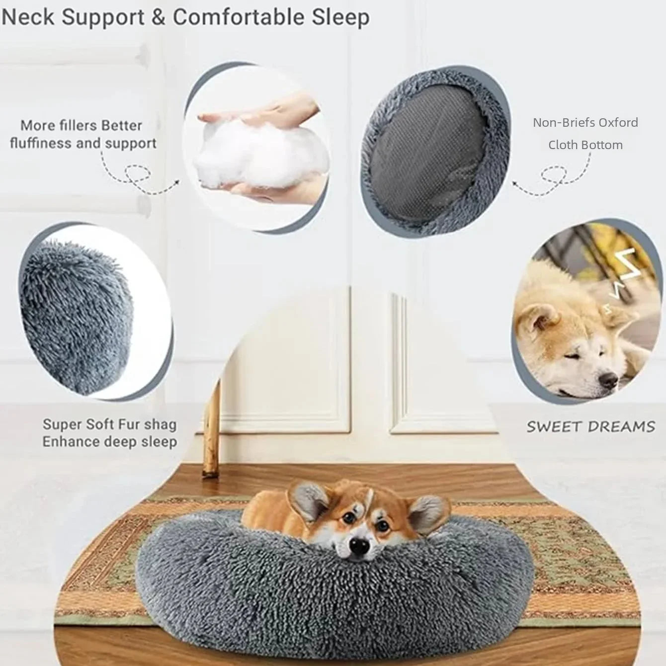 Super Soft Round Pet Bed (40-90cm) for Large Dogs & Cats | Long Plush Dog House for Winter Warmth | Comfortable Sleeping Space for Medium Pets