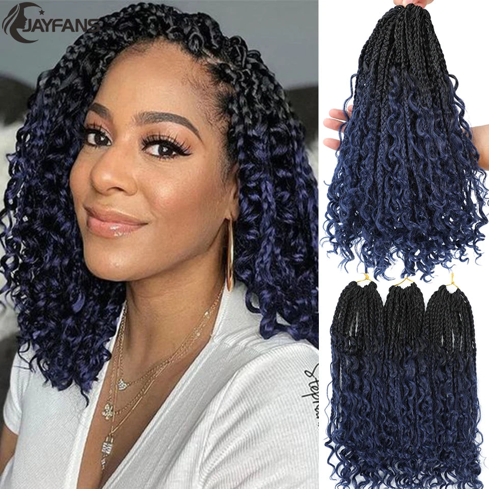 Jayfans Crochet Goddess Box Braids With Curly Ends - Bohemian Bob Style Synthetic Braiding Hair 1B 30 Blue Ombre Extensions