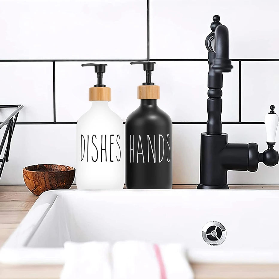 Black Dish Soap Dispenser Set for Kitchen Sink - Refillable Bottles for Hands Soap and Dishes Detergent Storage