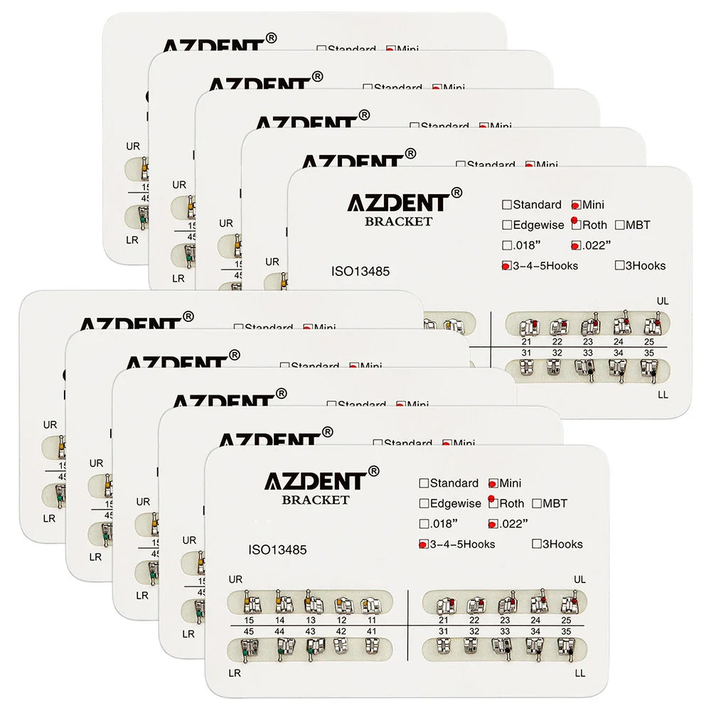 AZDENT 10 Packs Dental Brackets – Orthodontic Metal Mini Standard Roth MBT Slot 0.022/0.018 with Hooks, 20 Pcs per Pack