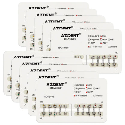 AZDENT 10 Packs Dental Brackets – Orthodontic Metal Mini Standard Roth MBT Slot 0.022/0.018 with Hooks, 20 Pcs per Pack