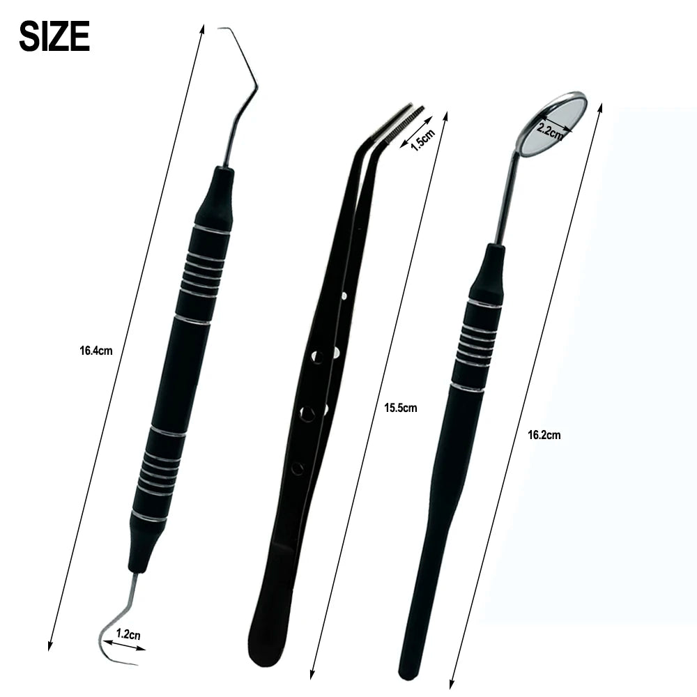 3pcs Dental Mouth Mirror Tweezers & Curved Probe Kit – Stainless Steel Oral Cleaning Instruments