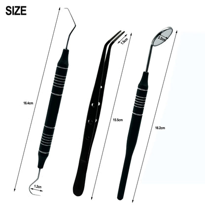 3pcs Dental Mouth Mirror Tweezers & Curved Probe Kit – Stainless Steel Oral Cleaning Instruments