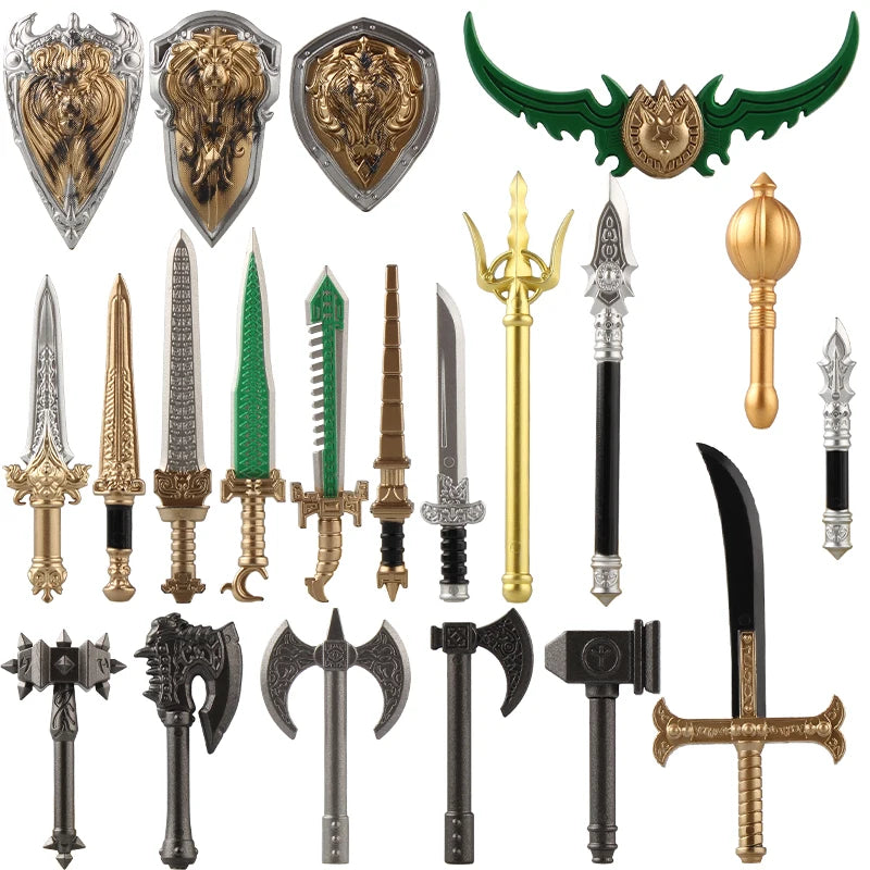 Medieval Figure Weapons Building Blocks Kit – King Sword, Lion Shield, Trident & Double-Edged Axe Battle Toy