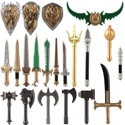 Medieval Figure Weapons Building Blocks Kit – King Sword, Lion Shield, Trident & Double-Edged Axe Battle Toy