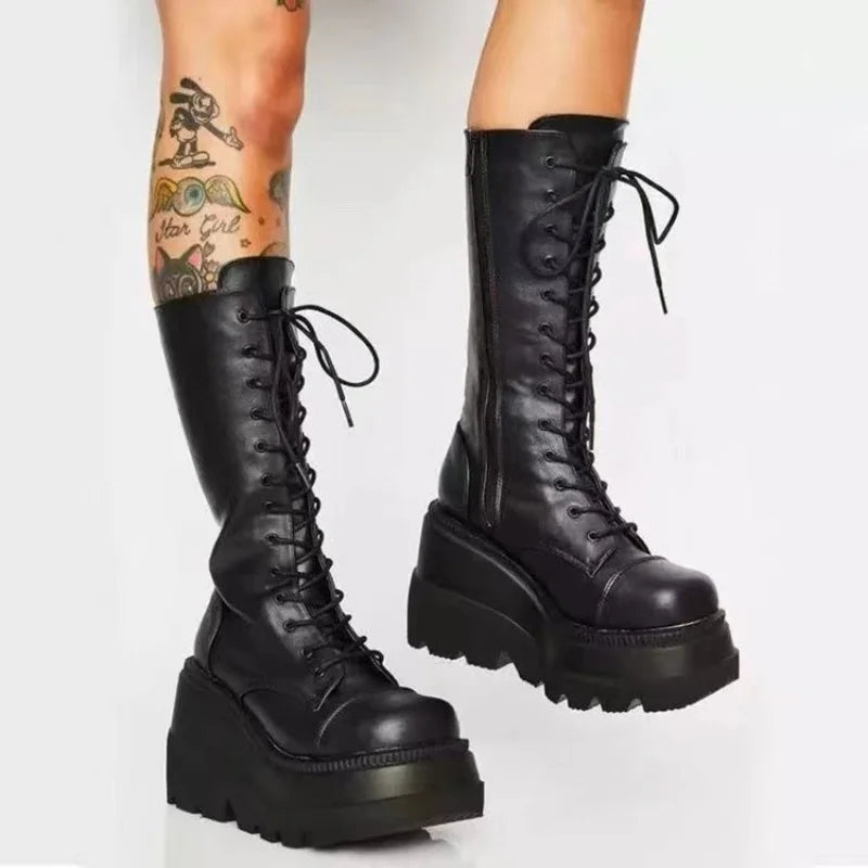 Women’s Winter Platform Combat Boots – Black Leather Punk Goth Military Ankle Booties