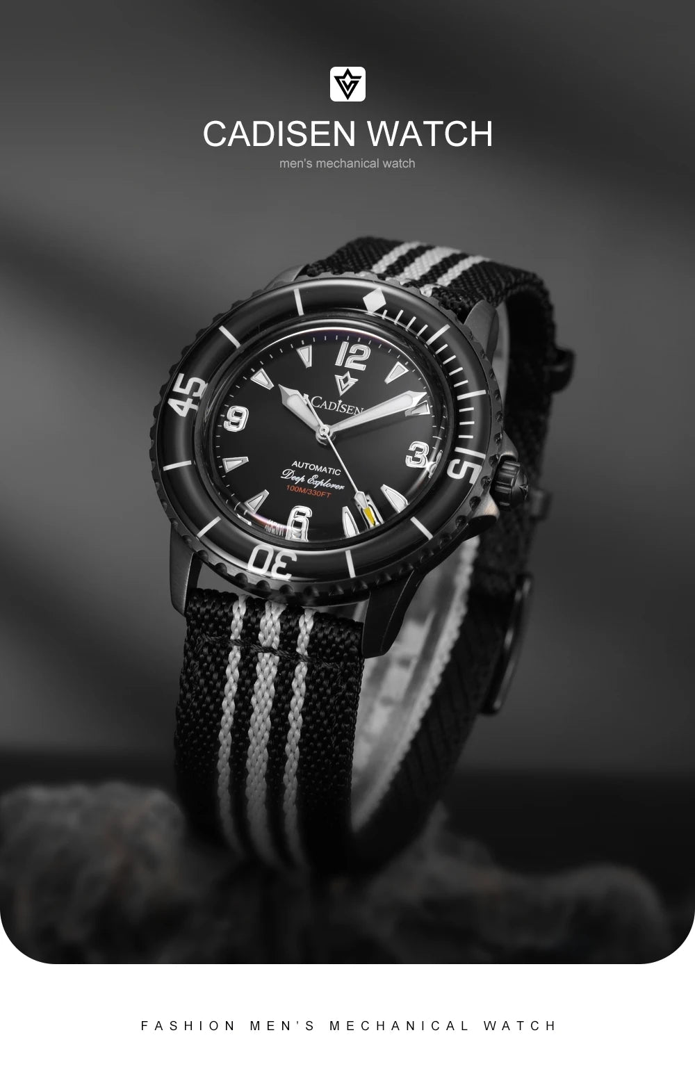 CADISEN Deep Explorer 2025 Automatic Mechanical Men’s Watch – Canvas Strap, NH35 Movement, Luminous & Waterproof Luxury Wristwatch