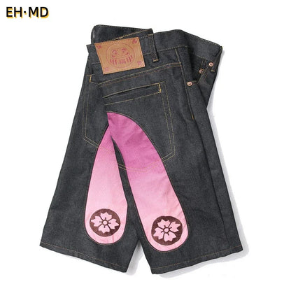 Men's Embroidered Denim Shorts - Black Hip-Hop Washed Cotton Shorts with Dragon & Cherry Blossom Design