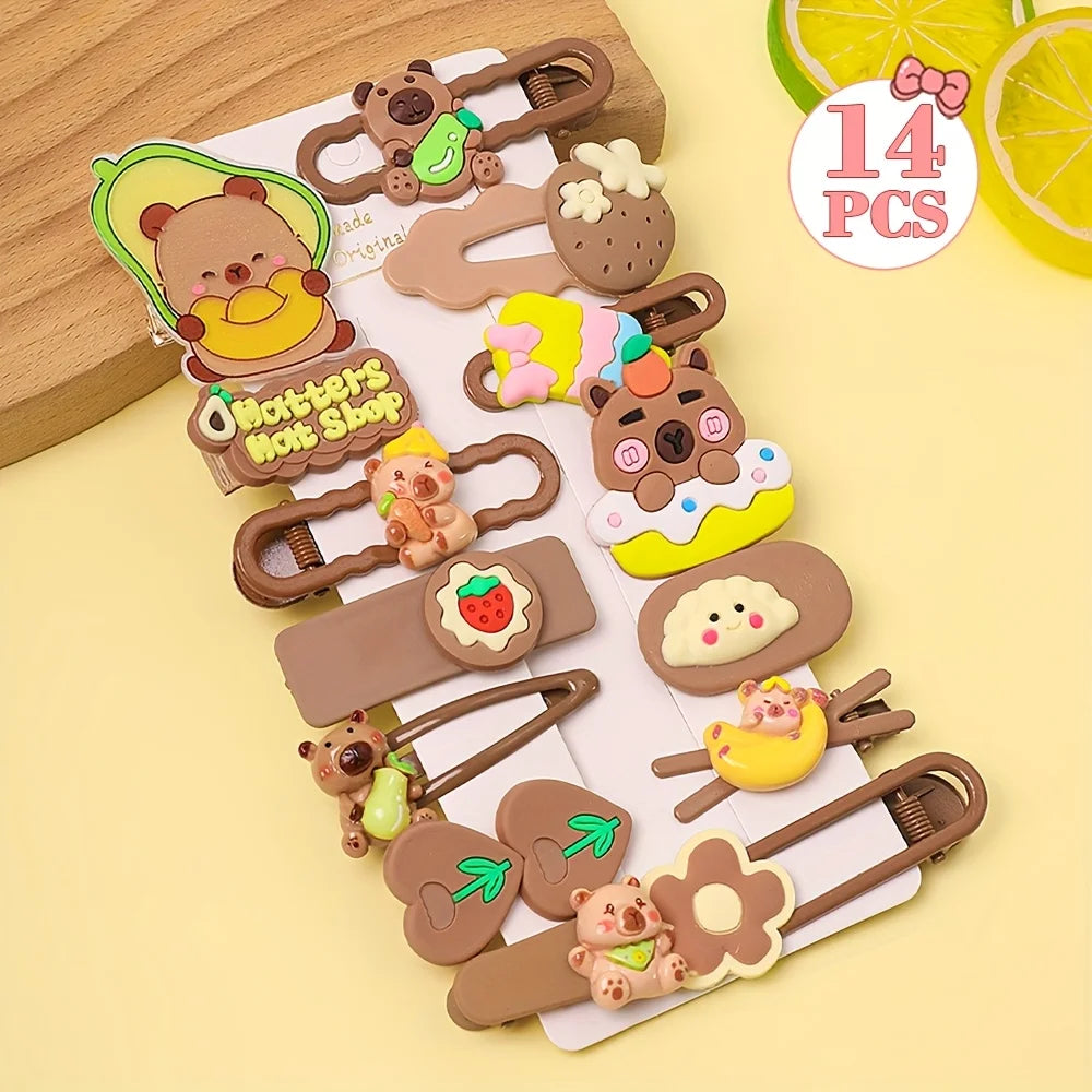 14-Piece Cute Capybara Hair Clip Set - Multicolor Butterfly and Flower Fashion Hair Accessories for Girls