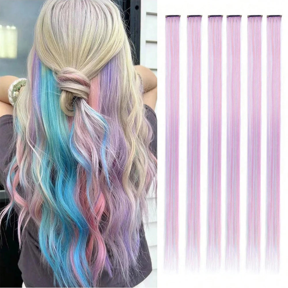 22-Inch Colored Clip-In Hair Extensions – 6pcs Straight Synthetic Party Highlight Hairpieces