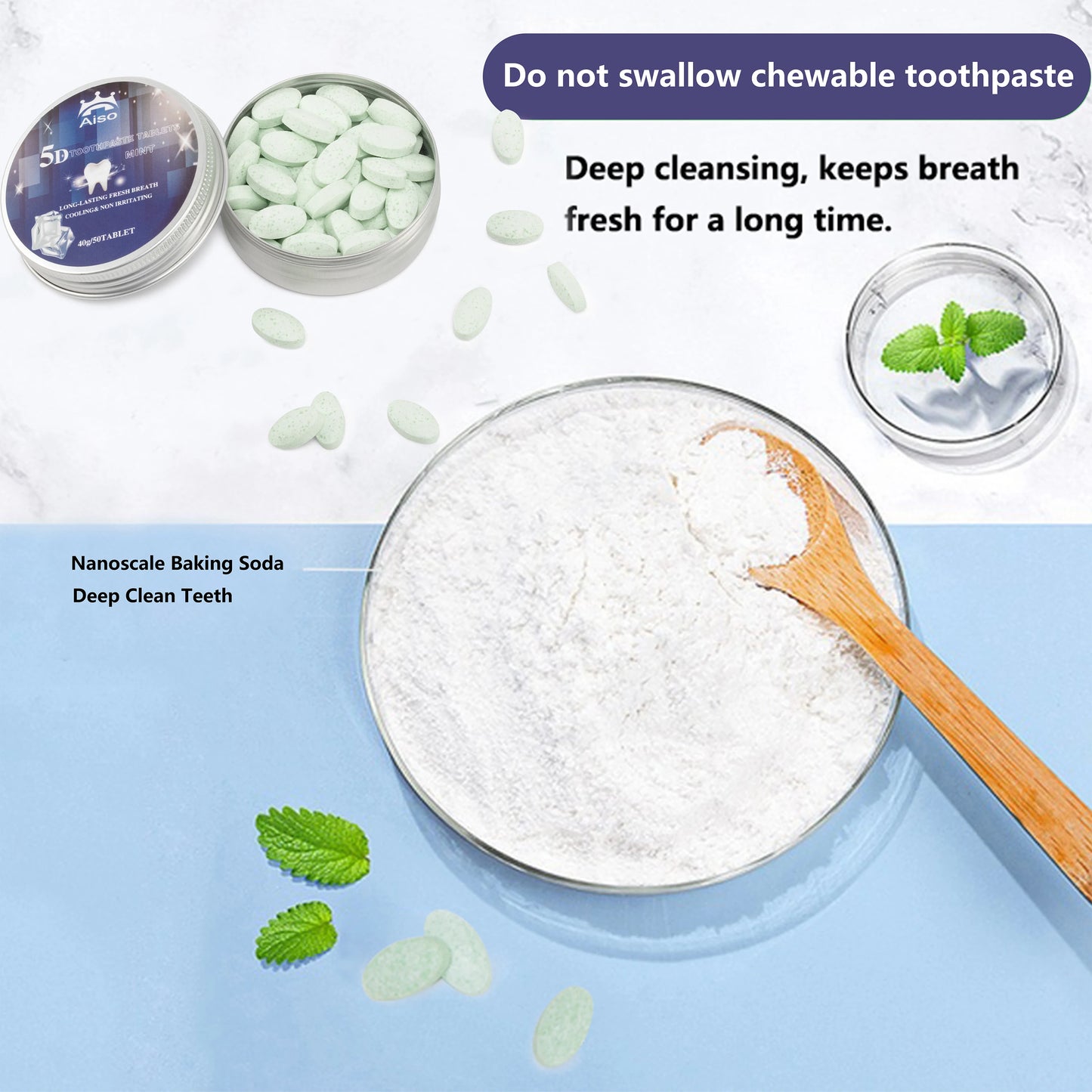 Travel Toothpaste Tablets - 50-Pack Chewable Mint Deep-Cleansing Fresh Breath