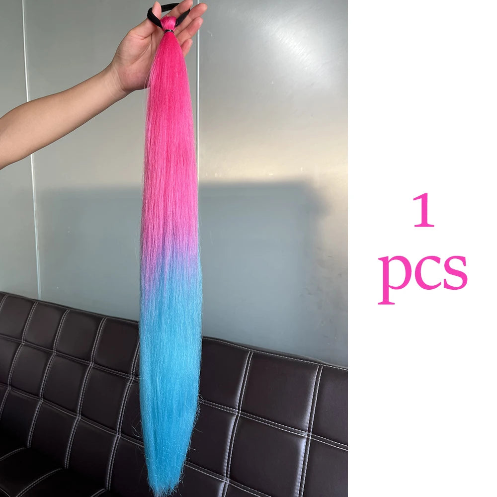 Synthetic Colorful Ponytail Extensions – Long Straight Braided Hairpieces with Rubber Band for Women