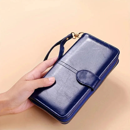 Women’s Vintage PU Leather Clutch Wallet – Large Capacity Phone Purse with Wristband, Card Holder & Pouch Bag